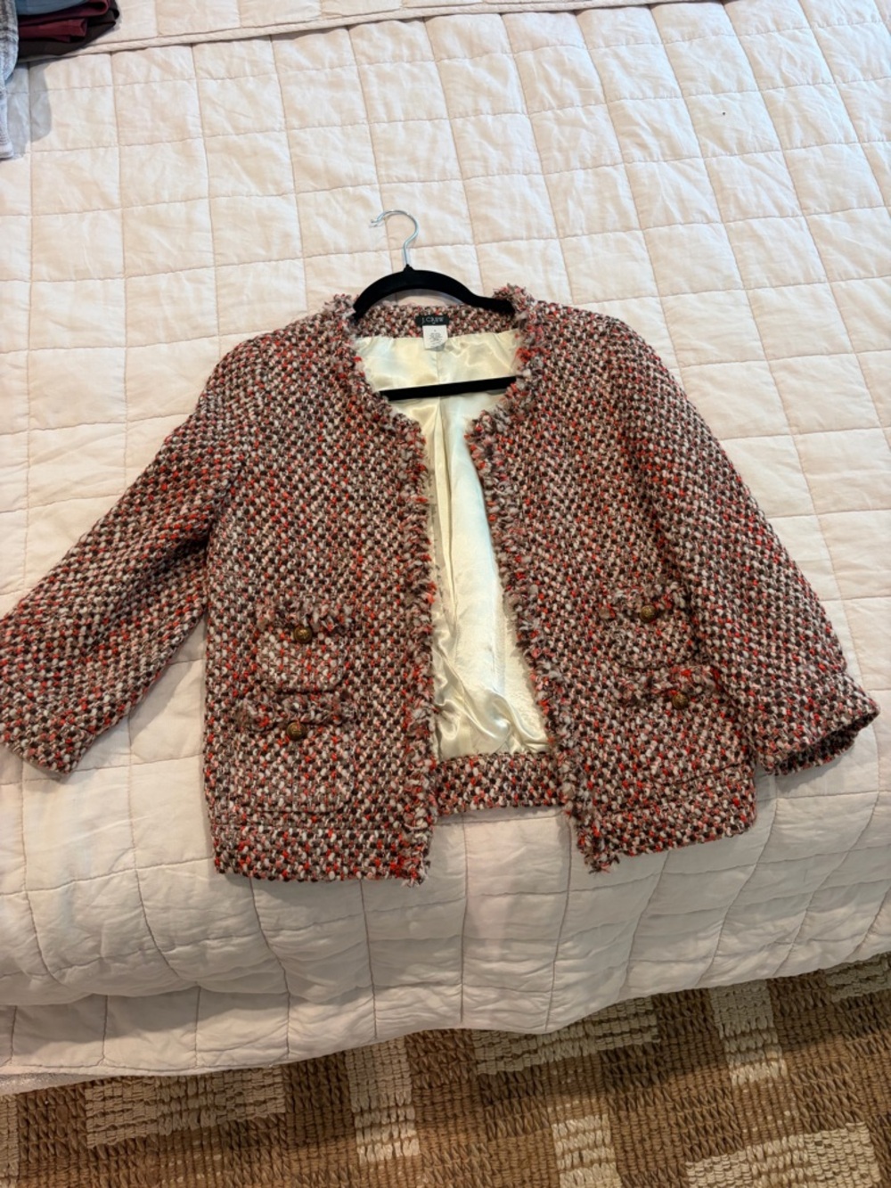J. Crew Pink and Cream Bouclé Open-Front Jacket
